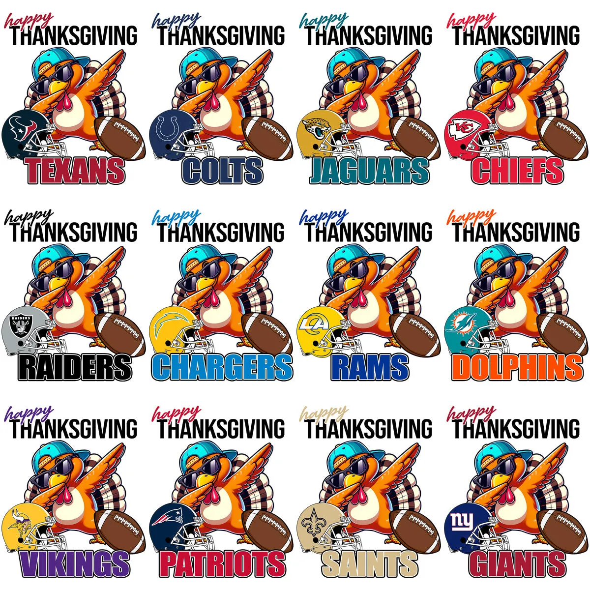 32 Thanksgiving Dabbing Turkey Football Teams Designs Bundle PNG