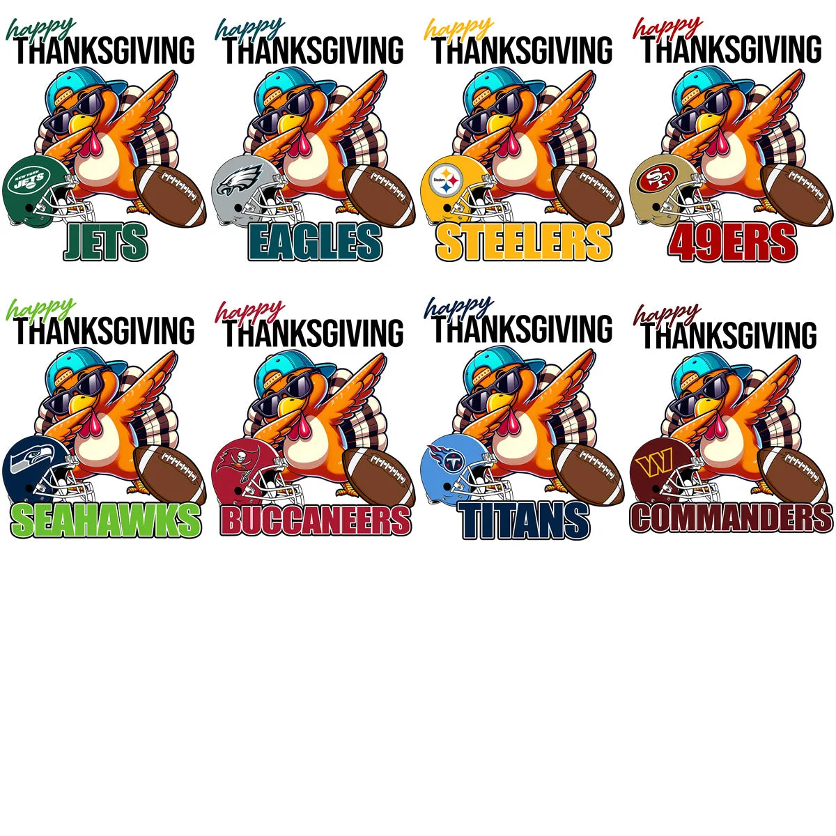 32 Thanksgiving Dabbing Turkey Football Teams Designs Bundle PNG