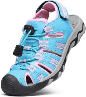 DREAM PAIRS Boys Girls Summer Outdoor Athletic Sport Sandals Walking Hiking Hook and Loop Adjustable Multicolor for Toddler/Little/Big Kids,Size 4 Big Kid,Baby/Blue/Pink,160912-K
