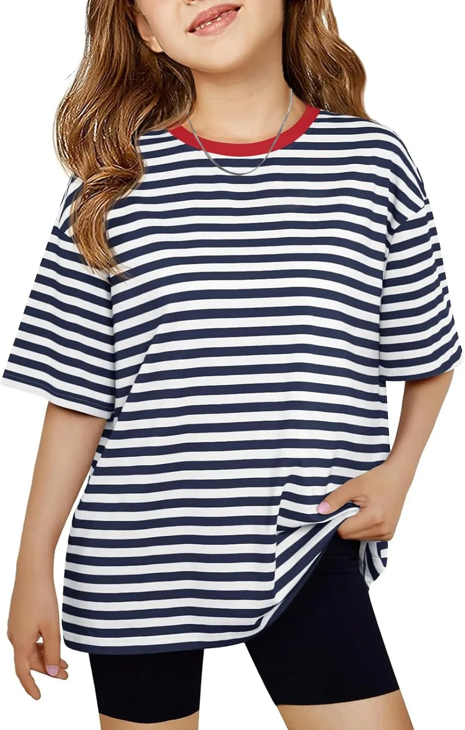 Haloumoning Girls Striped Short Sleeve T Shirts Kids Summer Oversized Tops Casual Crewneck Tees 5-14 Years