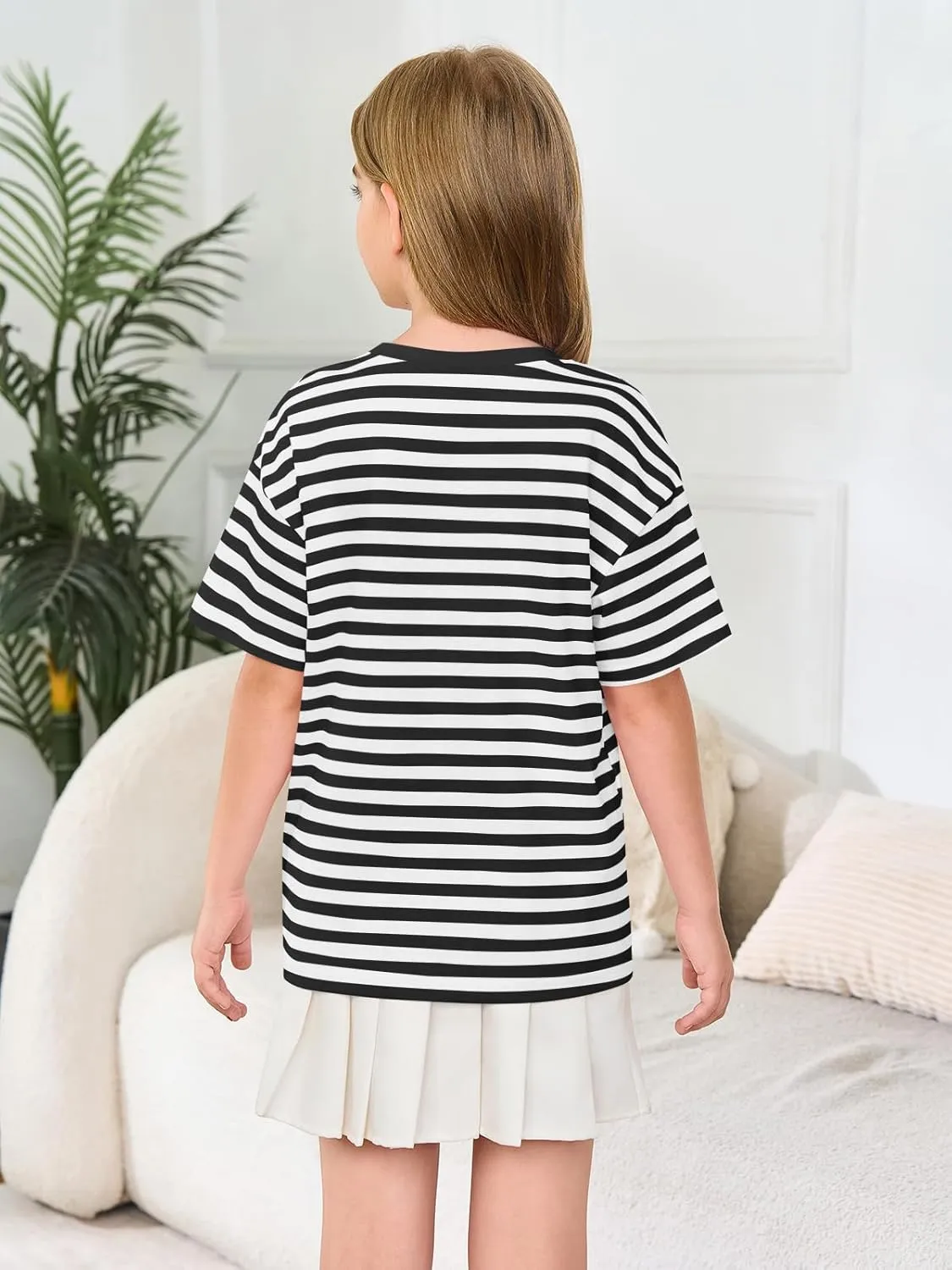 Haloumoning Girls Striped Short Sleeve T Shirts Kids Summer Oversized Tops Casual Crewneck Tees 5-14 Years