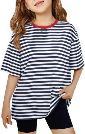 Haloumoning Girls Striped Short Sleeve T Shirts Kids Summer Oversized Tops Casual Crewneck Tees 5-14 Years
