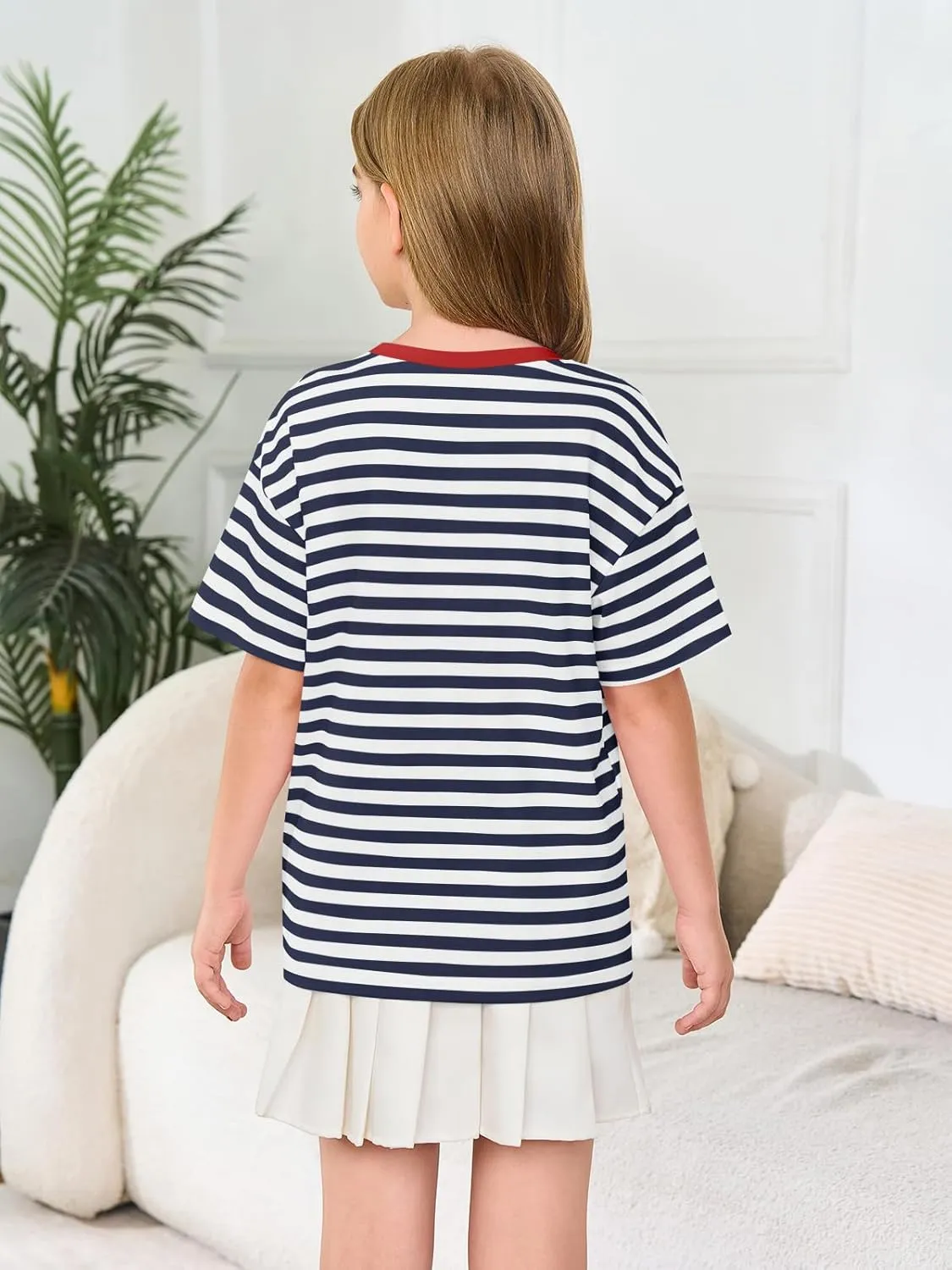 Haloumoning Girls Striped Short Sleeve T Shirts Kids Summer Oversized Tops Casual Crewneck Tees 5-14 Years