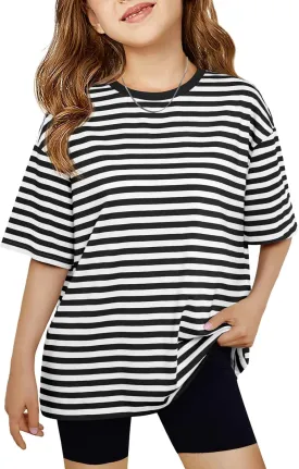 Haloumoning Girls Striped Short Sleeve T Shirts Kids Summer Oversized Tops Casual Crewneck Tees 5-14 Years