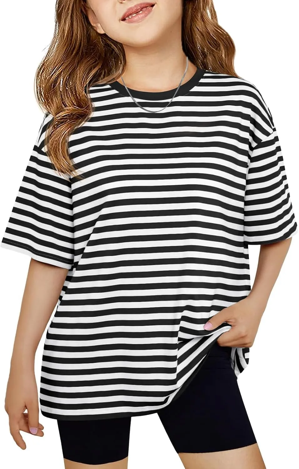 Haloumoning Girls Striped Short Sleeve T Shirts Kids Summer Oversized Tops Casual Crewneck Tees 5-14 Years