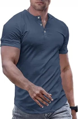 JMIERR Men's Muscle Slim Henley Shirts Crewneck Longline T-Shirt Gym Workout Athletic Shirt Tees with Button