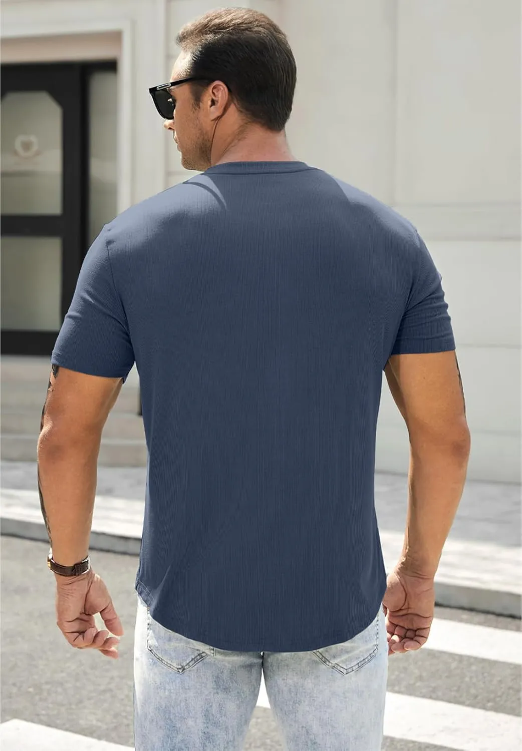 JMIERR Men's Muscle Slim Henley Shirts Crewneck Longline T-Shirt Gym Workout Athletic Shirt Tees with Button
