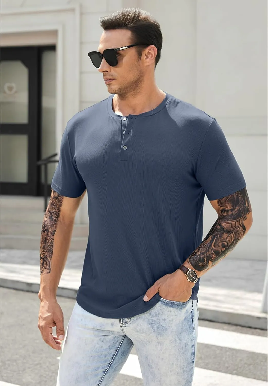 JMIERR Men's Muscle Slim Henley Shirts Crewneck Longline T-Shirt Gym Workout Athletic Shirt Tees with Button