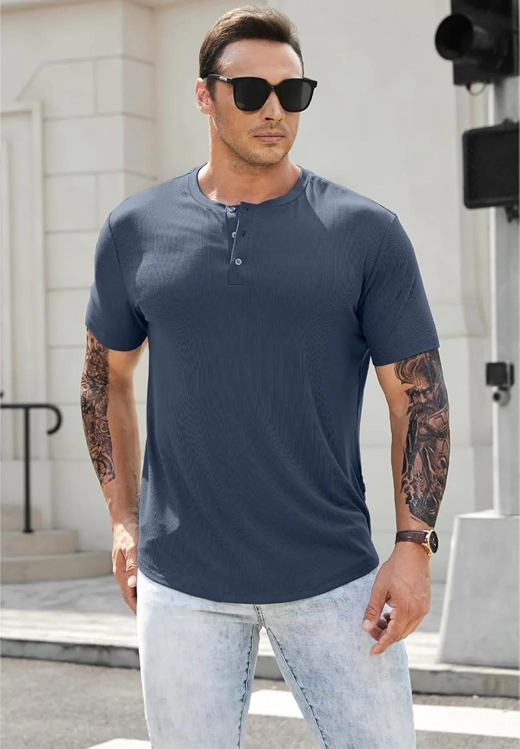 JMIERR Men's Muscle Slim Henley Shirts Crewneck Longline T-Shirt Gym Workout Athletic Shirt Tees with Button