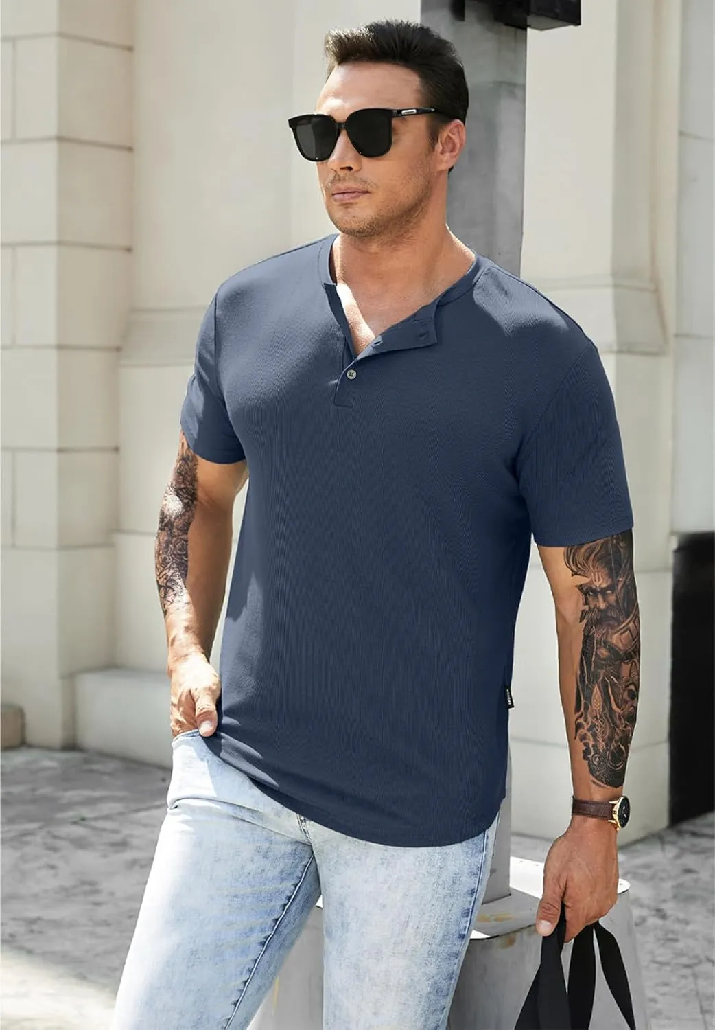 JMIERR Men's Muscle Slim Henley Shirts Crewneck Longline T-Shirt Gym Workout Athletic Shirt Tees with Button
