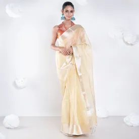 Women Banarasi Chanderi Saree In Vintage Yellow Color With Zari Border